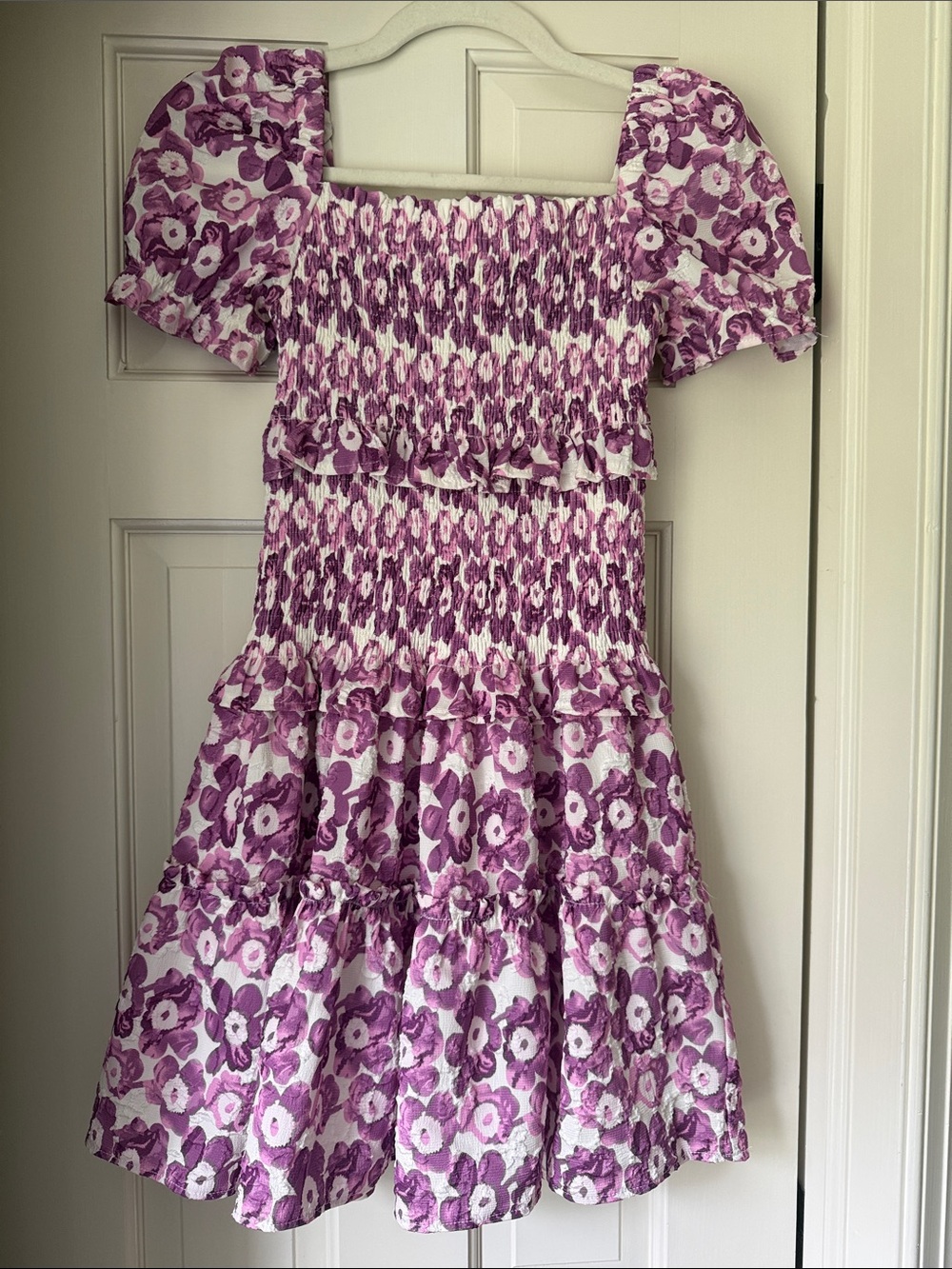 Girls' Purple Floral Smocked Puff-Sleeve Dress
